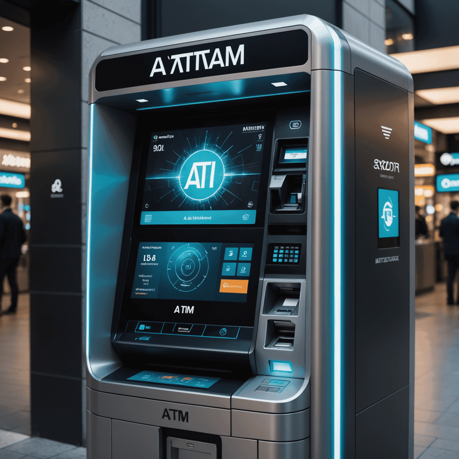 A futuristic image depicting an ATM with holographic AI interface, showcasing advanced technology in ATM servicing. The image combines elements of traditional ATM hardware with cutting-edge digital displays and robotic components, symbolizing the integration of AI in ATM management and maintenance.