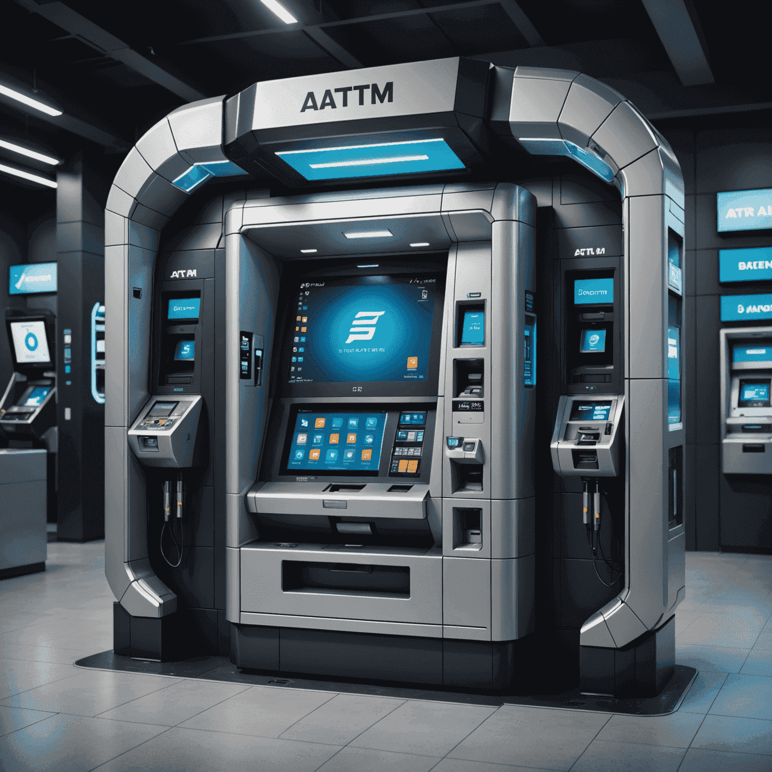 A futuristic ATM being serviced by robotic arms, symbolizing AI-powered maintenance