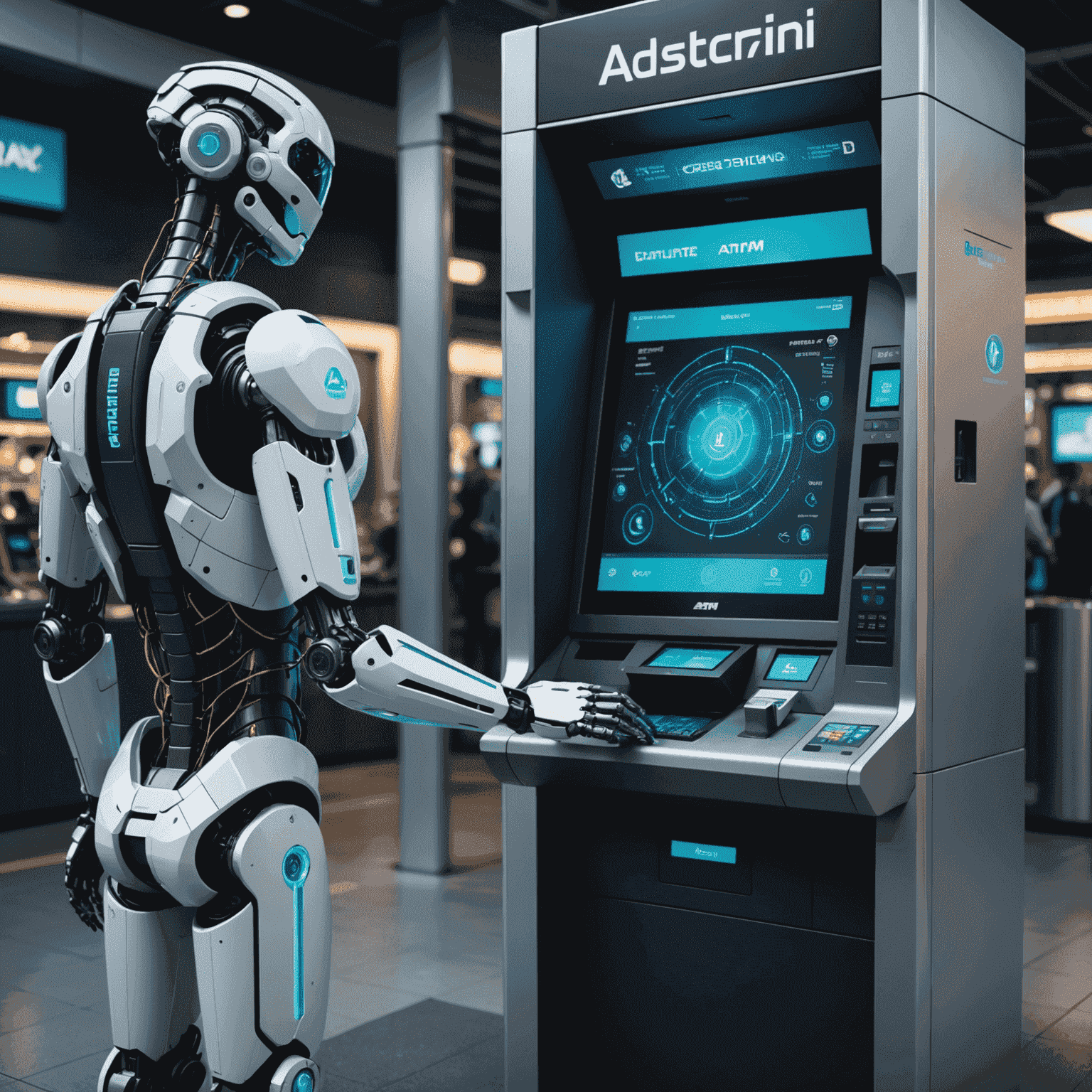 A futuristic ATM with holographic interface showing maintenance diagnostics. A robotic arm is seen performing repairs while AI algorithms are visualized on a nearby screen.