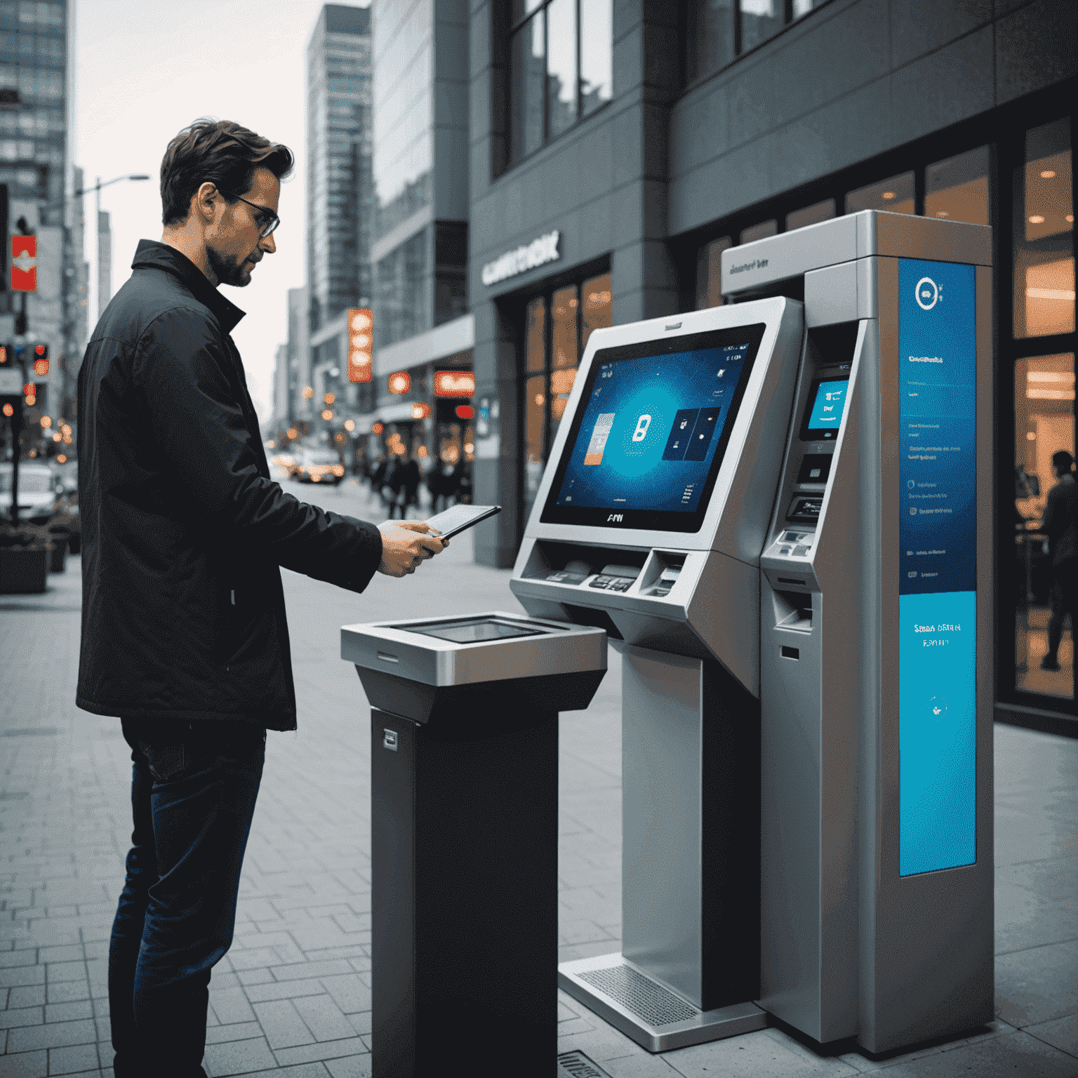 An advanced ATM with a digital display showing AI diagnostics. A technician is standing nearby, using a tablet to interact with the ATM's AI system. The background shows a modern Canadian cityscape.