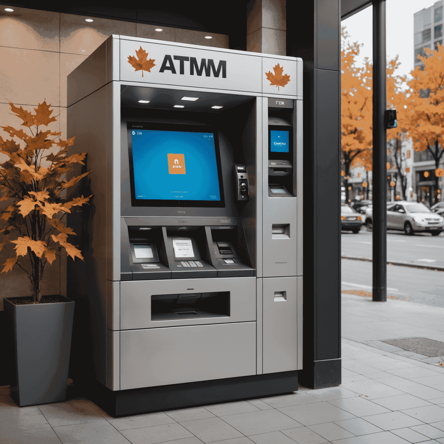 A modern ATM with a touchscreen interface displaying personalized AI-driven recommendations and services. The ATM is situated in a Canadian bank branch with maple leaf decorations visible.