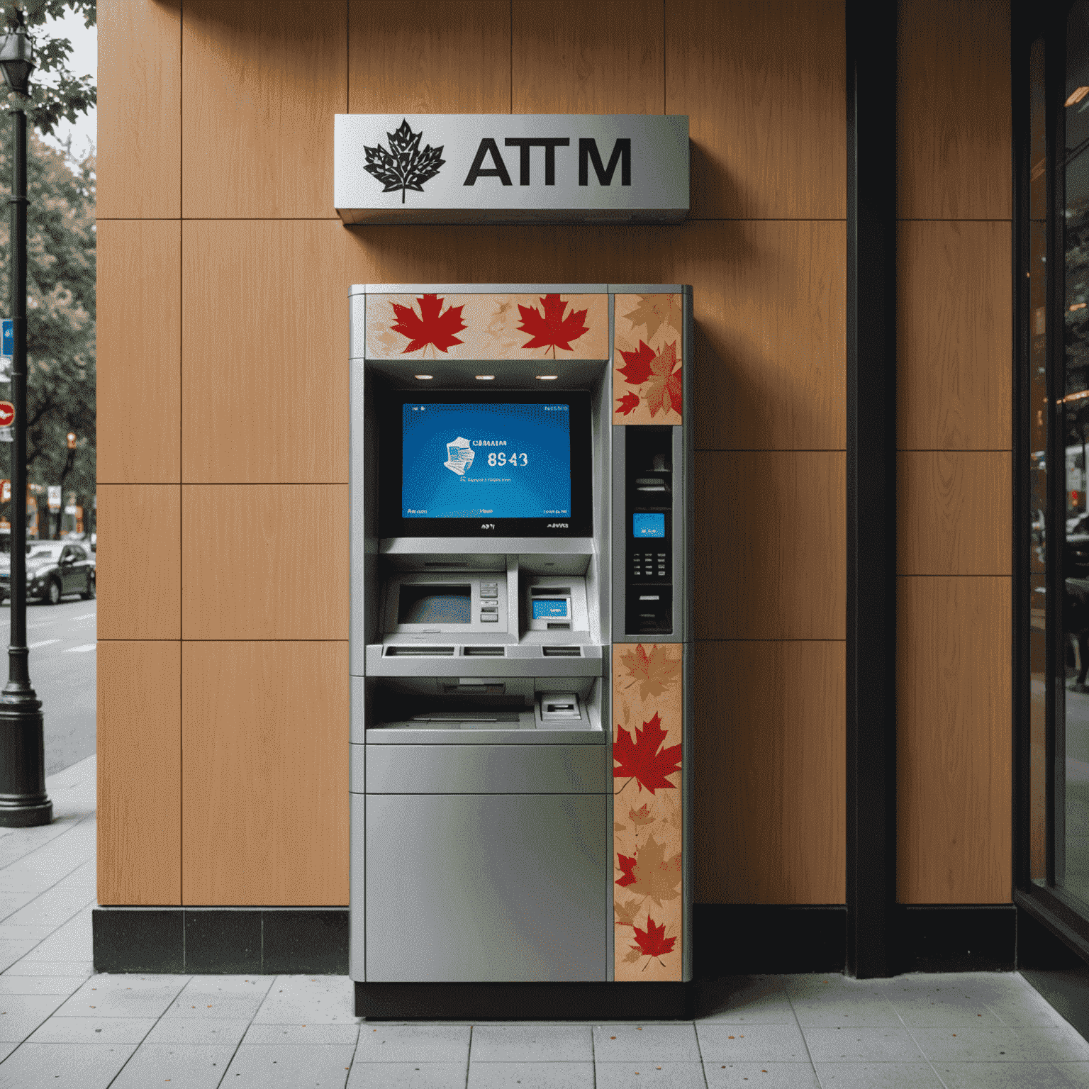 A modern ATM with a digital display showing AI-powered security features. The ATM is placed in a Canadian bank setting with maple leaf decorations visible.