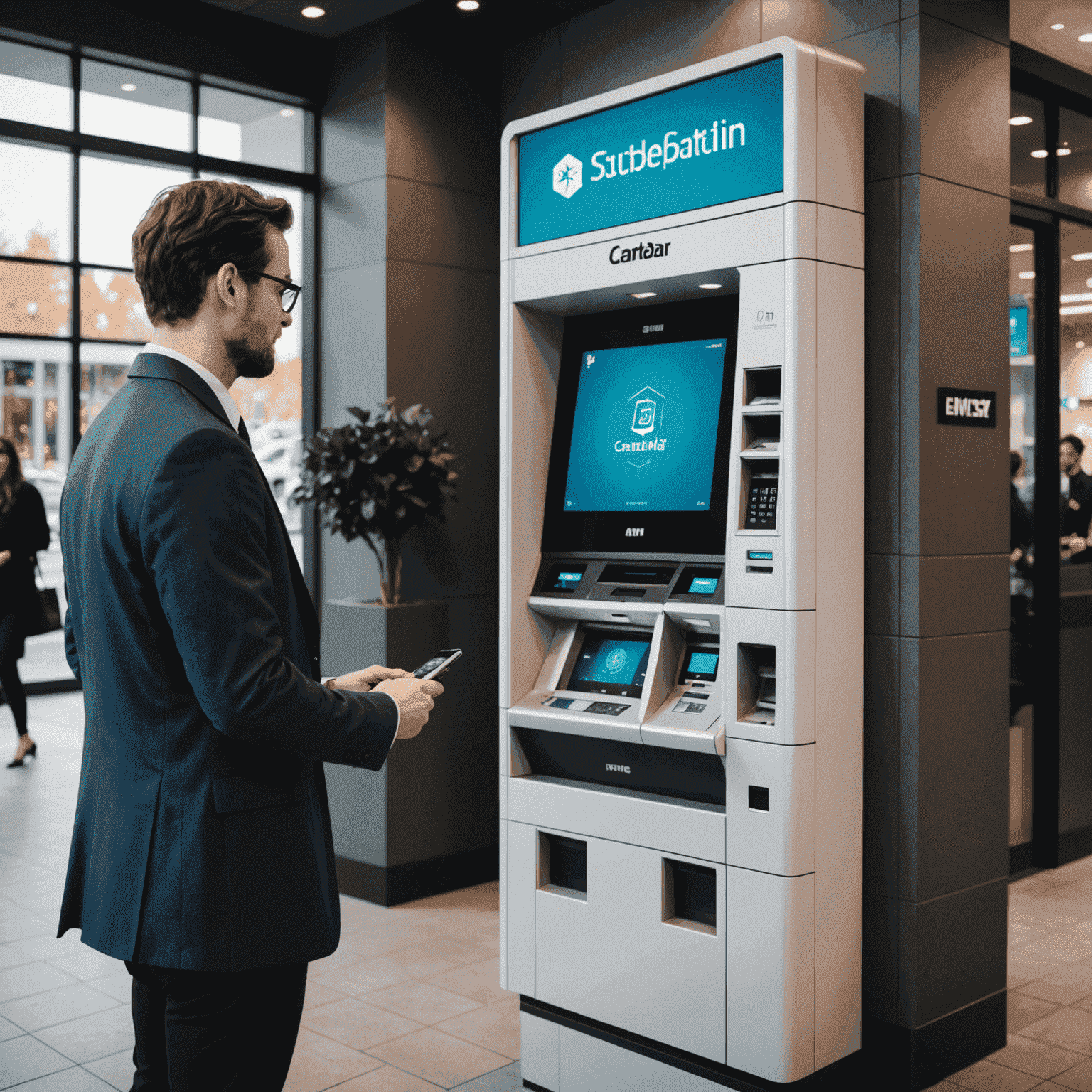 A modern AI-powered ATM in a Canadian business setting, with people interacting with its advanced interface