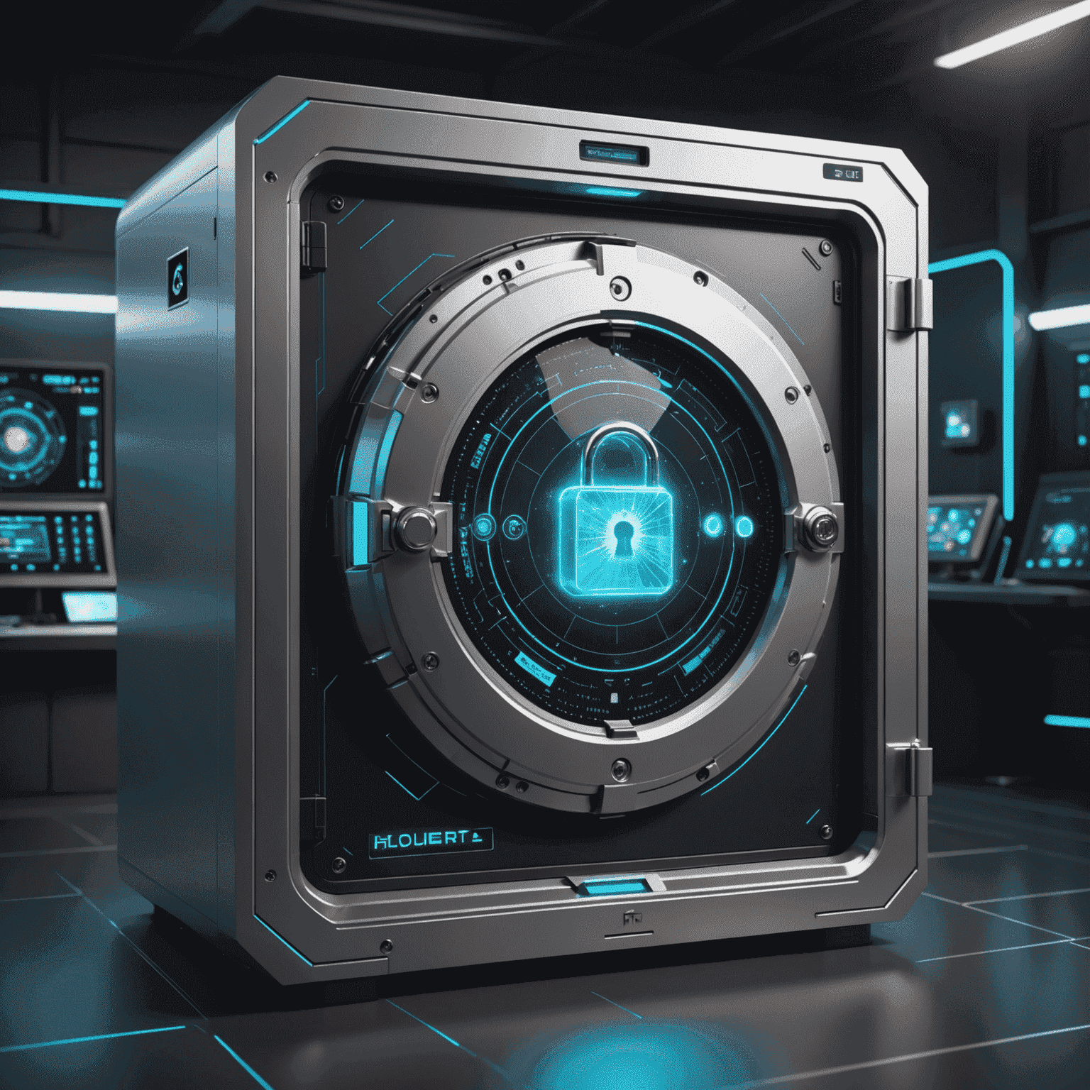 A secure vault with holographic AI interface, representing advanced cash handling technology