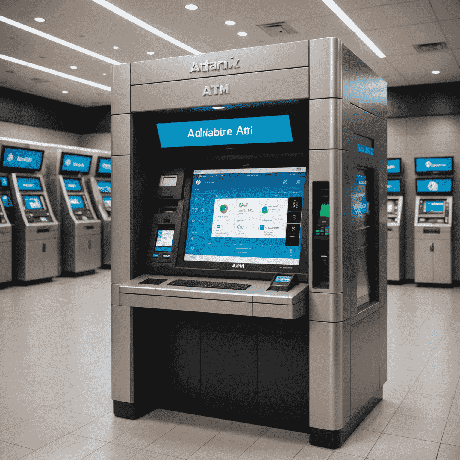 An advanced ATM with multiple cash handling compartments. AI-driven robotic arms are sorting and managing cash while real-time data analysis is displayed on an integrated screen.