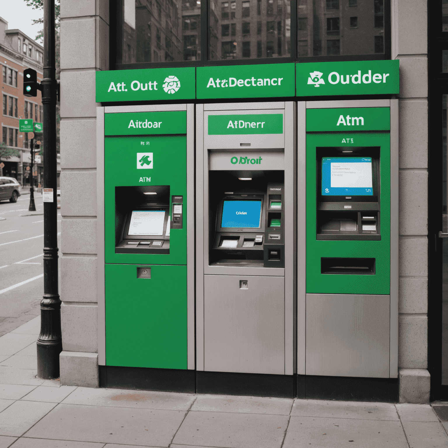 A split-screen image: on the left, a traditional ATM with an 'Out of Order' sign; on the right, a modern AI-powered ATM with a green 'Available' status. The contrast highlights the improved reliability of AI-maintained ATMs in a Canadian banking environment.