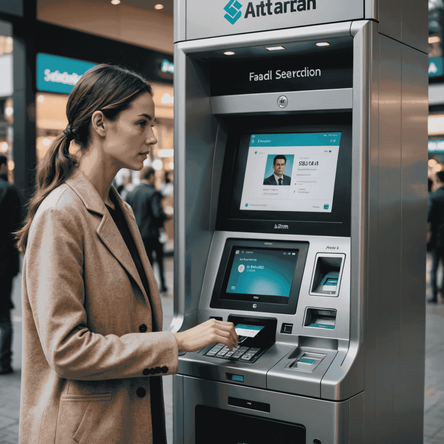 A split-screen image showing an ATM's AI security features in action. On one side, facial recognition software is identifying a customer, while on the other, a data visualization represents real-time fraud detection algorithms at work.