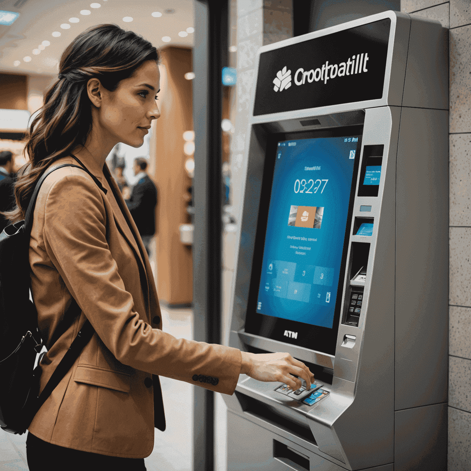 A person interacting with a sleek, modern ATM featuring a large touchscreen display showing personalized options