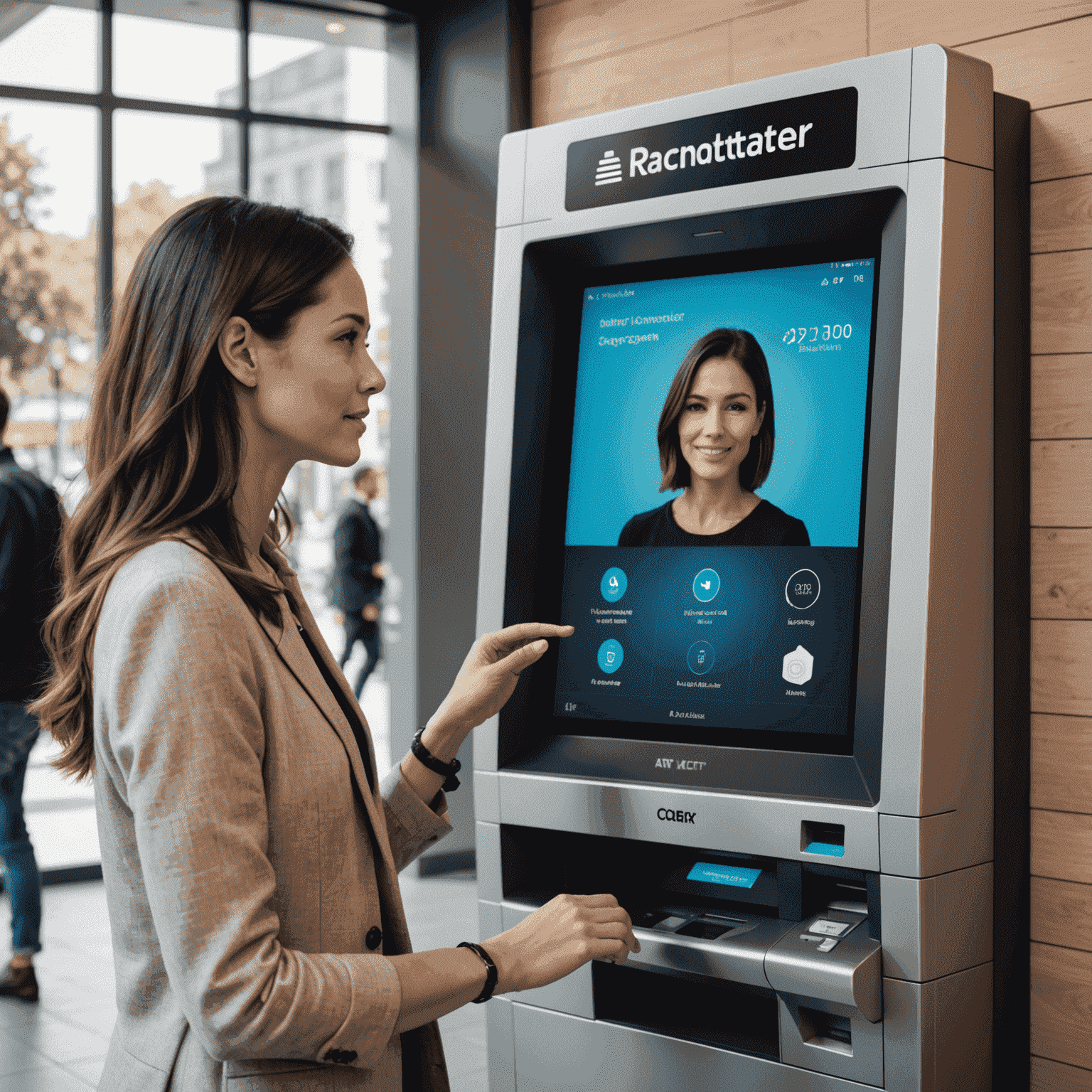 A customer interacting with a sleek, modern ATM featuring a large touchscreen. The screen displays personalized recommendations and a virtual AI assistant, symbolizing enhanced user experience.