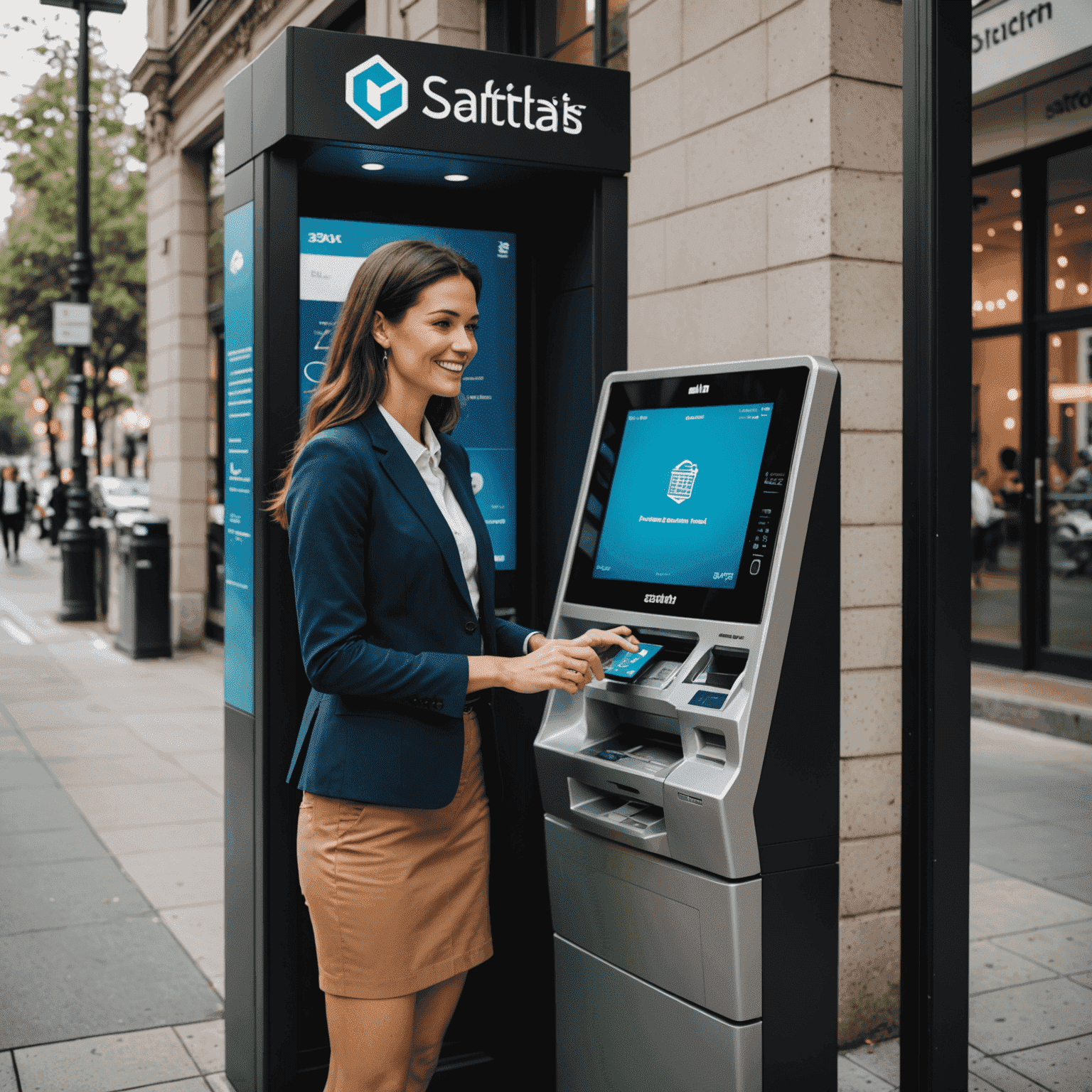 A satisfied customer using an AI-enhanced ATM, with a graphical overlay showing reduced transaction times and improved user satisfaction metrics