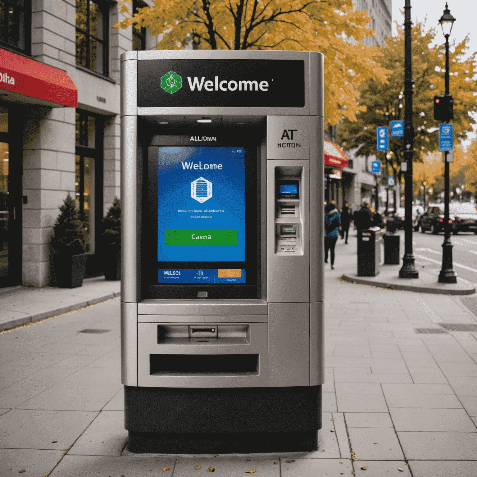 An ATM screen displaying 'Welcome' in multiple languages including English, French, Chinese, and Punjabi, representing the multilingual capabilities of AI-driven ATMs in Canada.