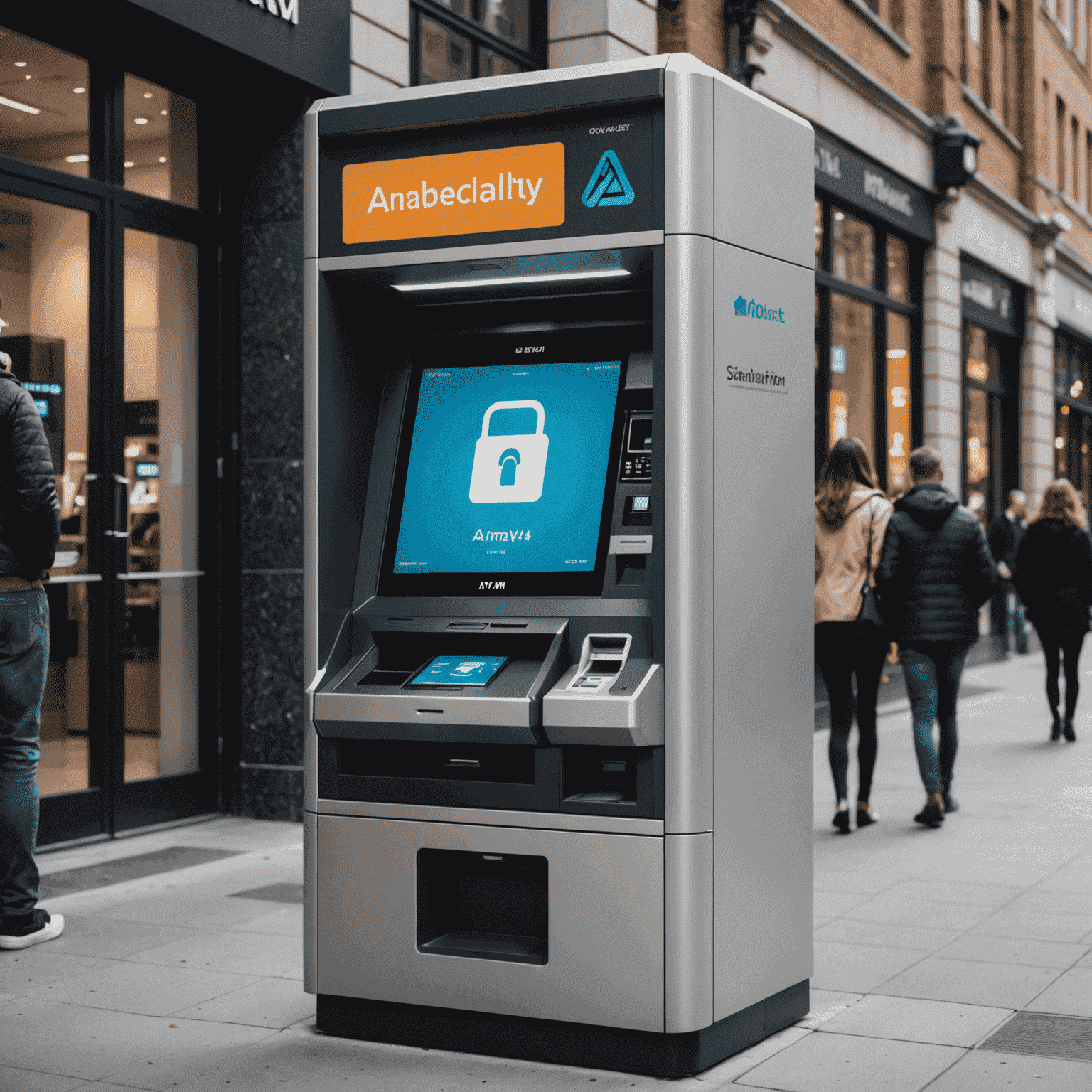 A high-security ATM with visible AI-powered features such as facial recognition, anomaly detection visualizations, and a real-time threat monitoring dashboard.