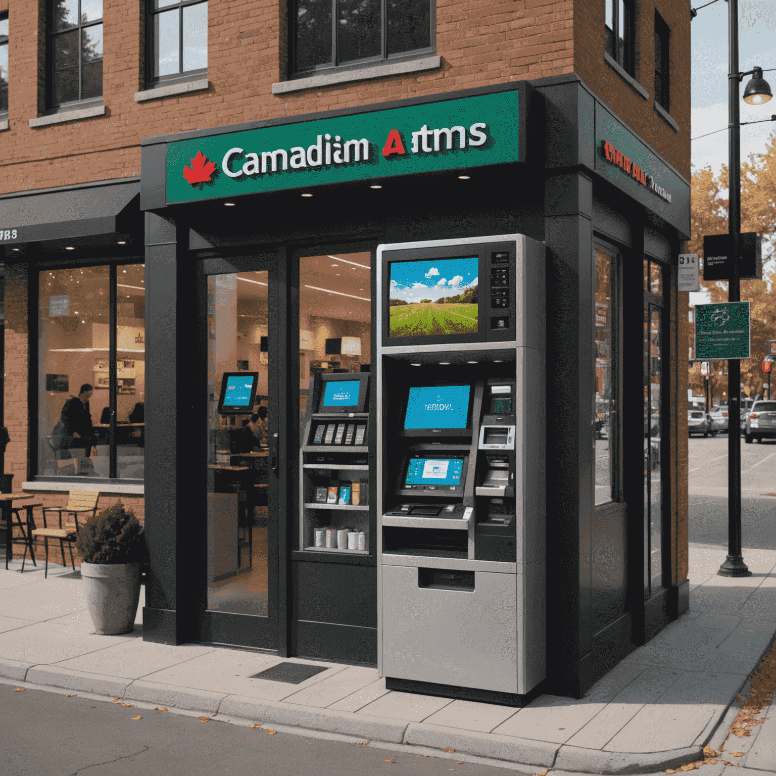 A montage showing various Canadian businesses with integrated AI ATMs. Includes a retail store, a restaurant, and a small office, each with a modern AI-powered ATM seamlessly fitting into their environment.